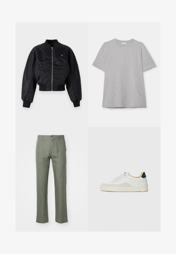 Sort bomberjakke med en skinnende satinfinish, lynlåslukning, ribbede manchetter og kant. Har sidelommer og en diskret logo-detalje på brystet.; Grå kortærmet T-shirt lavet af blødt, struktureret stof. Har en klassisk rund hals og en lige kant, velegnet til afslappet brug.; Letvægts olivenfarvede linnedbukser med lige ben, der har knaplukning og en tekstureret finish. Ingen lommer synlige.; Hvide sneakers med ruskindsdetaljer, rund tå, flade snørebånd og en cremet gummisål. Har grøn branding på hælen.
