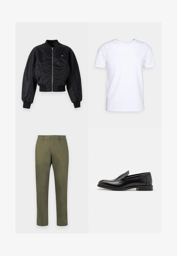 Jachetă bomber neagră cu un finisaj lucios de satin, închidere cu fermoar, manșete și tiv ribbed. Dispune de buzunare laterale și un detaliu discret cu logo pe piept.; Tricou alb cu mânecă scurtă din material de bumbac, cu guler rotund. Design simplu, fără tipare sau accente. Textură netedă.; Pantaloni kaki cu picioare drepte, cu bucle pentru curea și închidere frontală ascunsă, pe un fundal alb.; Mocasini din piele neagră cu o textură netedă, vârf rotund și o curea decorativă peste partea superioară. Toc mic, design minimalist.