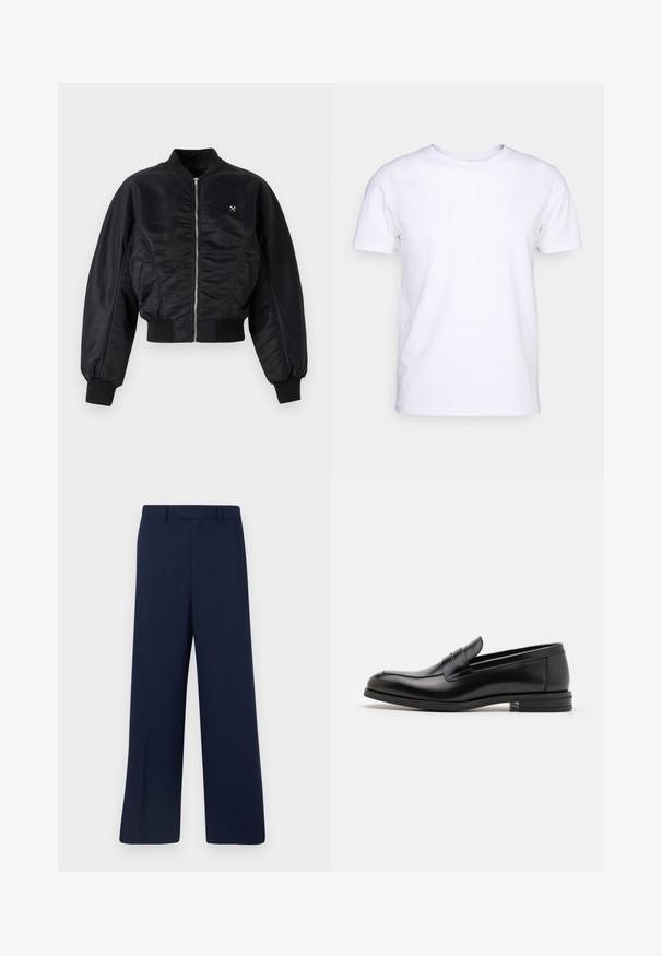 Fekete bomberdzseki fényes selyemfényű kivitelben, cipzáros záródással, bordázott mandzsettákkal és aljjal. Oldalsó zsebekkel és diszkrét logórészlettel a mellrészen.; Fehér, rövid ujjú felső pamut anyagból, kerek nyakkivágással. Egyszerű dizájn, minta vagy díszítés nélkül. Sima textúra.; MSGM PANTALONE PANTS - Nadrágok - navy; Fekete bőr loaferek sima textúrával, kerek orral és dekoratív pánttal a vampnál. Alacsony, rétegelt sarkú, minimalista dizájn.