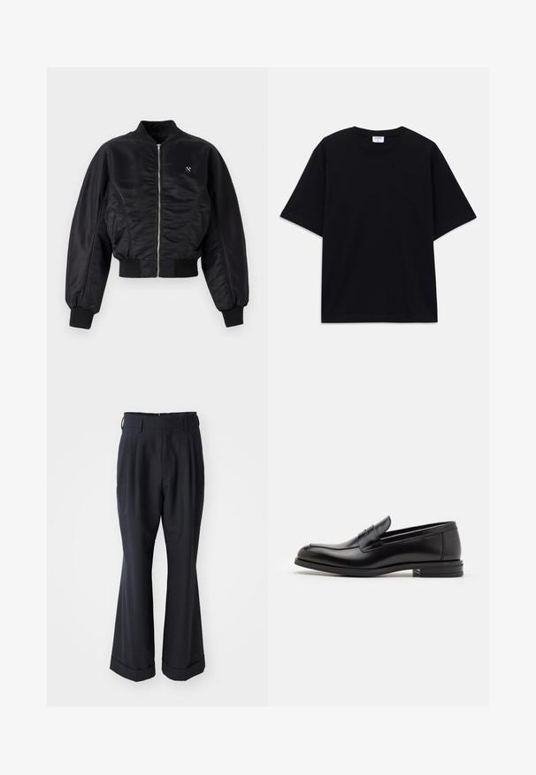 Veste bombardier noire avec une finition satinée brillante, fermeture éclair, poignets et ourlet côtelés. Dotée de poches latérales et d'un logo discret sur la poitrine.; T-shirt noir à manches courtes oversize avec un col rond et une étiquette de marque Filippa K visible à l'intérieur du col.; Pantalons noirs ajustés avec une coupe décontractée, devant plissé et jambes larges. Caractéristiques d'un ourlet à retournement et d'une texture de tissu lisse.; Mocassins en cuir noir avec une texture lisse, bout rond et une sangle décorative sur le dessus. Talon bas empilé, design minimaliste.