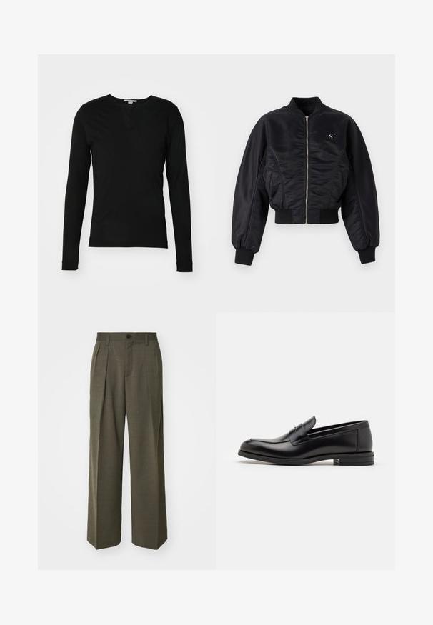 Must mustrikate must-viimistlusega must bomber-jakk, lukuga, soonikutes ja allservas. Omab küljetaskuid ja peent logodetaili rinnal.; Tiger of Sweden JASPAH - Pikkade varrukatega topp - black; Filippa K WIDE TROUSERS - Püksid - driftwood; Mustad mustad nahast loafers sileda tekstuuriga, ümarat ninaosa ja dekoratiivne riba vampi üle. Madal kihiline konts, minimalistlik disain.