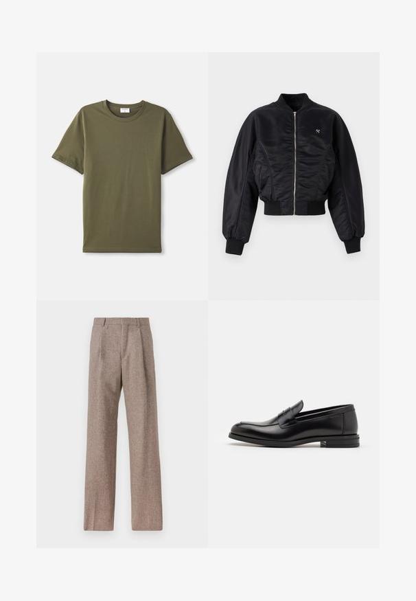 Chaqueta bomber negra con un acabado satinado brillante, cierre de cremallera, puños y dobladillo de canalé. Cuenta con bolsillos laterales y un discreto detalle del logo en el pecho.; Camiseta de manga corta de cuello redondo en verde oliva, plana sobre un fondo blanco.; Camisa blanca de manga larga hecha de algodón, con cuello abotonado, bolsillo frontal y corte regular. Tejido texturizado con una superficie suave.; Pantalones marrones de cintura alta hechos de una tela texturizada. Presentan piernas anchas y dos pliegues frontales para dar estructura. Acabado limpio sin hardware visible.; Mocasines de cuero negro con una textura suave, puntera redondeada y una tira decorativa en el empeine. Tacón bajo apilado, diseño minimalista.