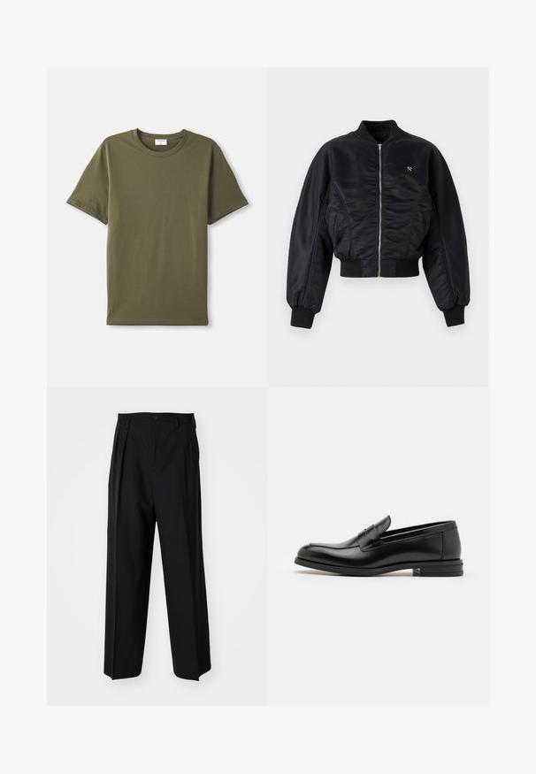 Black bomber jacket with a shiny satin finish, zip closure, ribbed cuffs, and hem. Features side pockets and subtle logo detail on chest.; Plain olive green short-sleeve crew neck T-shirt laid flat on a white background.; Black pleated trousers with a straight, wide-leg design. Made from smooth fabric, featuring a button closure and belt loops.; Black leather loafers with a smooth texture, rounded toe, and a decorative strap across the vamp. Low stacked heel, minimalist design.