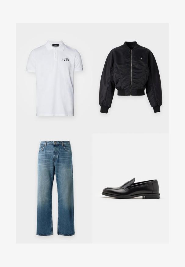 Crna bomber jakna s sjajnim satenskim završetkom, zatvaranje na patentni zatvarač, rebrasti rubovi na rukavima i donjem dijelu. Ima bočne džepove i suptilan detalj loga na prsima.; DSQUARED2 ICON Polo majica - white; Svijetloplave traperice širokih nogavica s izblijedjelim pranjem, s jednim gumbom za zatvaranje, pet džepova i kontrastnim šavovima.; Crni kožni mokasini s glatkom teksturom, zaobljenim prstima i ukrasnom trakom preko prednjeg dijela. Niski slojeviti potplat, minimalistički dizajn.