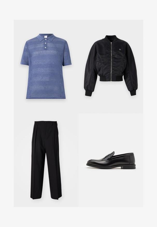 Casaco bomber preto com um acabamento acetinado brilhante, fecho de zip, punhos e bainha canelados. Apresenta bolsos laterais e um discreto detalhe de logotipo no peito.; Camisola polo azul de manga curta feita de tecido de malha aberta. Apresenta um decote com gola e três botões, além de um padrão de riscas texturadas.; Calças pretas plissadas com um design reto e de perna larga. Feitas de um tecido liso, apresentam um fecho de botão e passantes para cinto.; Mocassins de couro preto com uma textura suave, bico arredondado e uma faixa decorativa sobre o peito do pé. Salto baixo e empilhado, design minimalista.