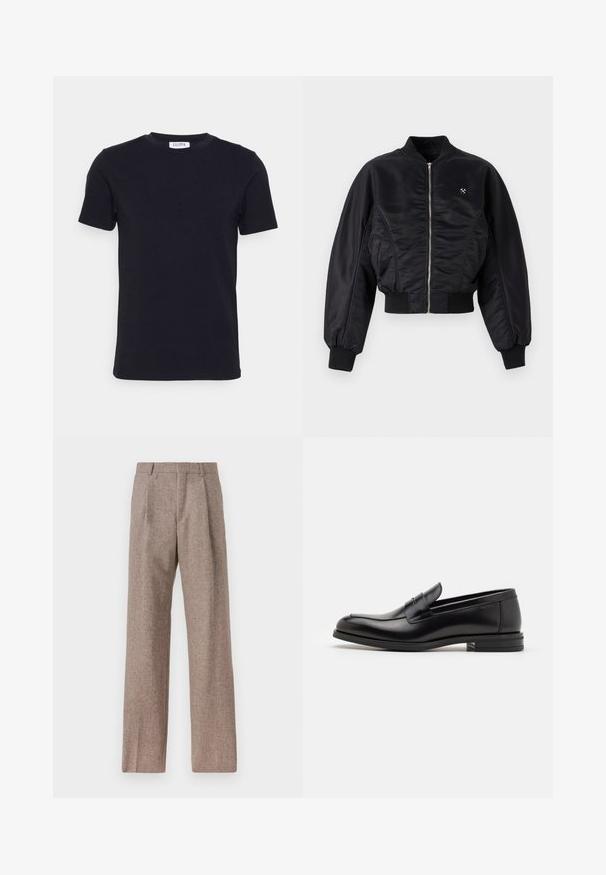 Black bomber jacket with a shiny satin finish, zip closure, ribbed cuffs, and hem. Features side pockets and subtle logo detail on chest.; Black short-sleeve crew neck t-shirt with a small white tag on the inside of the neckline.; Long-sleeve white shirt made of cotton, featuring a button-down collar, front pocket, and regular fit. Textured fabric with a smooth surface.; Brown, high-waisted trousers made of textured fabric. Features wide legs and two front pleats for structure. Neat finish with no visible hardware.; Black leather loafers with a smooth texture, rounded toe, and a decorative strap across the vamp. Low stacked heel, minimalist design.