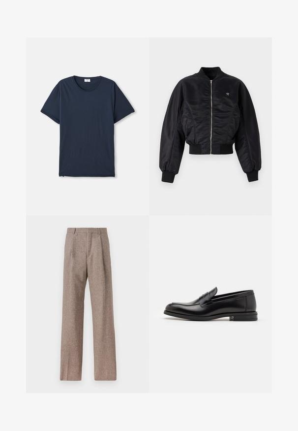 Giacca bomber nera con finitura satinata lucida, chiusura con zip, polsini e orlo a coste. Presenta tasche laterali e un discreto dettaglio del logo sul petto.; T-shirt a maniche corte blu navy con collo tondo, dotato di un'etichetta bianca piccola all'interno del colletto, su uno sfondo bianco.; Camicia bianca a maniche lunghe realizzata in cotone, con colletto button-down, tasca frontale e vestibilità regolare. Tessuto testurizzato con una superficie liscia.; Pantaloni marroni a vita alta realizzati in tessuto testurizzato. Presentano gambe ampie e due pieghe frontali per struttura. Rifinitura curata senza hardware visibile.; Mocassini neri in pelle con una texture liscia, punta arrotondata e una striscia decorativa sulla tomaia. Tacco basso impilato, design minimalista.