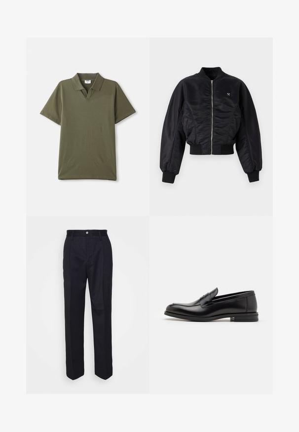 Černá bomber bunda s lesklým saténovým povrchem, zapínání na zip, pruhované manžety a lem. Obsahuje boční kapsy a nenápadný logo detail na hrudi.; Polo tričko v olivově zelené barvě vyrobené z hladké bavlny. Má klasický límeček a krátké rukávy. Minimalistický design bez vzorů nebo akcentů.; Černé kalhoty na míru s rovně střiženým designem, vyrobené z hladké látky, s předním zapínáním na knoflík a dvěma bočními kapsami.; Černé kožené polobotky s hladkou texturou, zaoblenou špičkou a zdobným páskem přes nárt. Nízký stohovaný podpatek, minimalistický design.