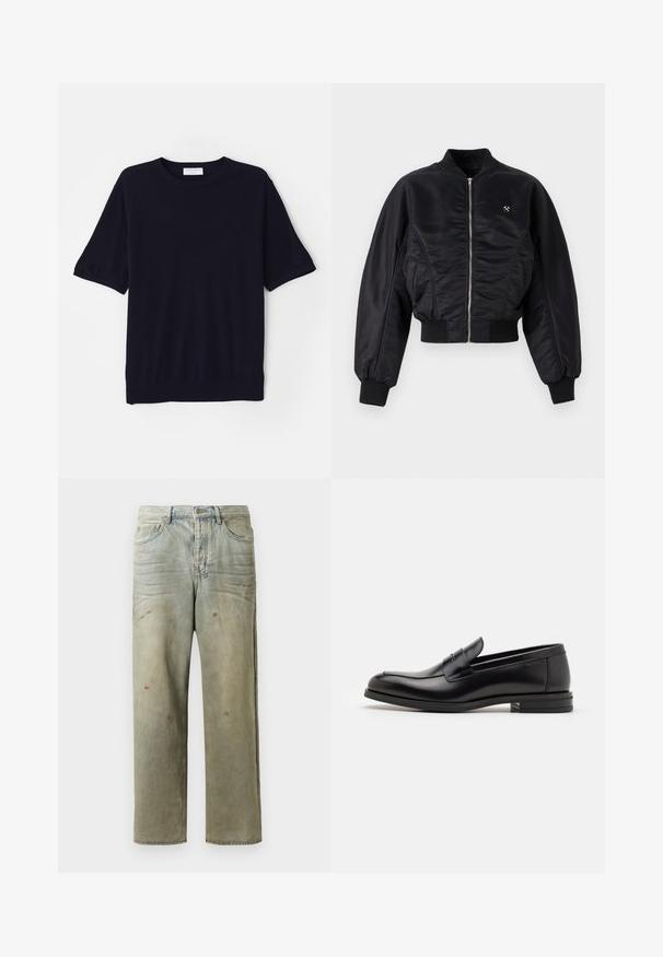 Jachetă bomber neagră cu un finisaj lucios de satin, închidere cu fermoar, manșete și tiv ribbed. Dispune de buzunare laterale și un detaliu discret cu logo pe piept.; Cămașă tricotată cu mâneci scurte, de culoare albastru marin, cu decolteu rotund, textură moale și croială lejeră. Prezintă un tiv și manșete cu un model rib.; Cămașă albă cu mânecă lungă, confecționată din bumbac, având un guler cu nasturi, un buzunar în față și o croială normală. Material texturat cu o suprafață netedă.; Jeans din denim uzat, de culoare verde deschis, cu un croi drept, design cu cinci buzunare, și decolorare inegală cu stropi de vopsea.; Mocasini din piele neagră cu o textură netedă, vârf rotund și o curea decorativă peste partea superioară. Toc mic, design minimalist.