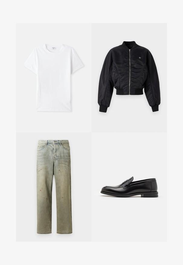 Zwarte bomberjack met een glanzende satijnen afwerking, ritssluiting, ribboordmanchetten en -zoom. Voorzien van zijzakken en subtiele logodetail op de borst.; Witte katoenen t-shirt, ronde halslijn, korte mouwen, gladde structuur, geen patronen of accenten, eenvoudig ontwerp, standaard pasvorm.; Verweerde denim jeans in lichtgroen, met een rechte pijp, vijf-pocket ontwerp en ongelijkmatige vervaging met verfspatten.; Zwarte leren instappers met een gladde textuur, ronde neus en een decoratieve band over de wreef. Lage, gestapelde hak en minimalistisch ontwerp.