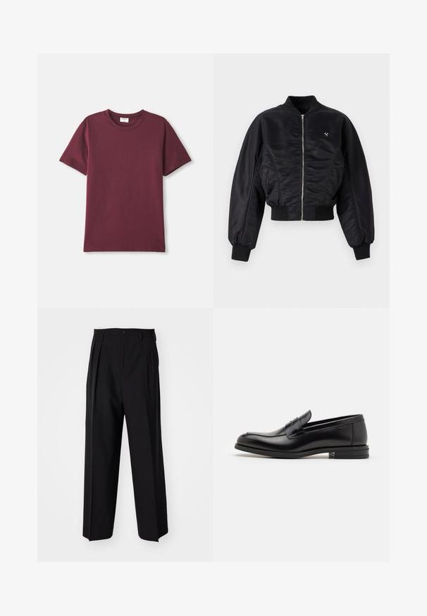 Juodasis bombonešis su blizgiu satino paviršiumi, užtrauktuko uždarymu, išsiuvinėti rankogaliai ir juosmuo. Yra šoninės kišenės ir subtili logotipo detalė ant krūtinės.; Bordo medvilnės marškinėliai su apvaliu iškirpimu, trumpomis rankovėmis ir laisvu siluetu. Lygus paviršius ir minimalistinis dizainas.; Juodi klostuoti kelnių, su tiesiu, plačiu kojų dizainu. Pagaminti iš lygios medžiagos, su mygtukų uždarymu ir diržo kilputėmis.; Juodos odinės loafers, turinčios lygų paviršių, apvalią noselę ir dekoratyvinę juostą per priekinę dalį. Žemas krentantis kulnas, minimalistinis dizainas.