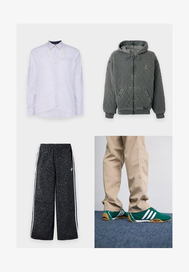 Sivi kabanasti dukserica s prednjim zatvaračem, kapuljačom sa vezicom i velikim džepovima. Ima rebraste rukave i donji rub te mali logotip na grudima.; Bijela košulja dugih rukava s malim tamnoplavim točkicama, okovratnikom na dugme i džepom na prsima. Ima dugmad na manžetama i glatku teksturu.; adidas Originals GRAPHIC UNISEX - Donji dijelovi trenirke - black; Zelene kvadrate tenisice s bijelim prugama i smešim gumenim potplatima, uparene s bež hlačama. Dizajn se odlikuje niskim profilom i teksturiranim materijalom.