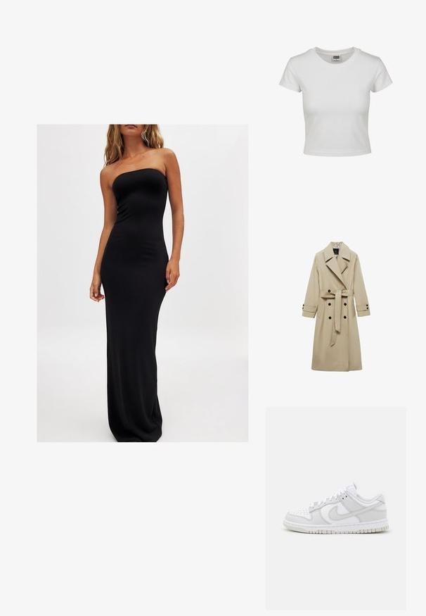 Beige Trenchcoat mit einer doppeltbreitigen Vorderseite, großen Revers, einem Bindegürtel in der Taille und schwarzen Knopfakzenten. Lange, gerade geschnittene Ärmel.; Frau in einem schulterfreien, bodenlangen schwarzen Kleid, die vor einem schlichten weißen Hintergrund steht und einen minimalistischen Mode-Stil präsentiert.; Weißes Baumwoll-T-Shirt mit klassischem Rundhalsausschnitt, kurzen Ärmeln und slim-fit Schnitt. Keine Muster oder Akzente sichtbar.; Weiße Leder-Sneaker mit grauen Akzenten, perforierter Zehenpartie, flachen Schnürsenkeln, gepolstertem Kragen und einer strukturierten Gummi-Sohle.