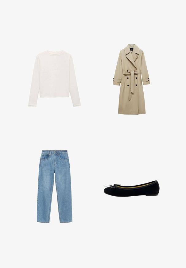 Beige trench coat with a double-breasted front, large lapels, tie belt at the waist, and black button accents. Long, straight-cut sleeves.; Long-sleeve, cropped top in soft white fabric. Features a rounded neckline and subtle texture, with neat, stitched hems and sleeves.; Light blue denim jeans with a straight cut, high waist, two front pockets, and a classic button closure. Subtle fading and no embellishments.; Black velvet ballet flats featuring a round toe, a small bow accent on the front, and a contrasting yellow interior lining.