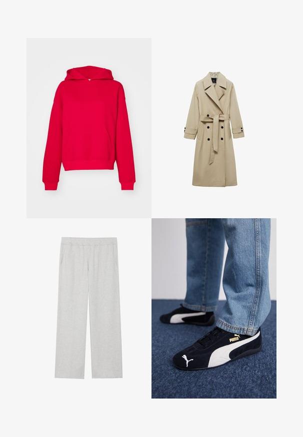 Cămașă bej cu un front cu două rânduri de nasturi, rever mari, cordon la talie și accente negre la nasturi. Mâneci lungi, tăietură dreptă.; Gina Tricot ICONIC HOODIE - Hanorac - lollipop; Pantaloni de trening largi, gri deschis, confecționați dintr-un material moale. Prezintă un cordon elastic la talie și buzunare laterale. Textură fină și design curat.; Tenisi negri din suede cu accente albe, dotati cu un logo auriu. Purtați cu blugi din denim deschis la culoare și așezați pe o suprafață texturată albastră.