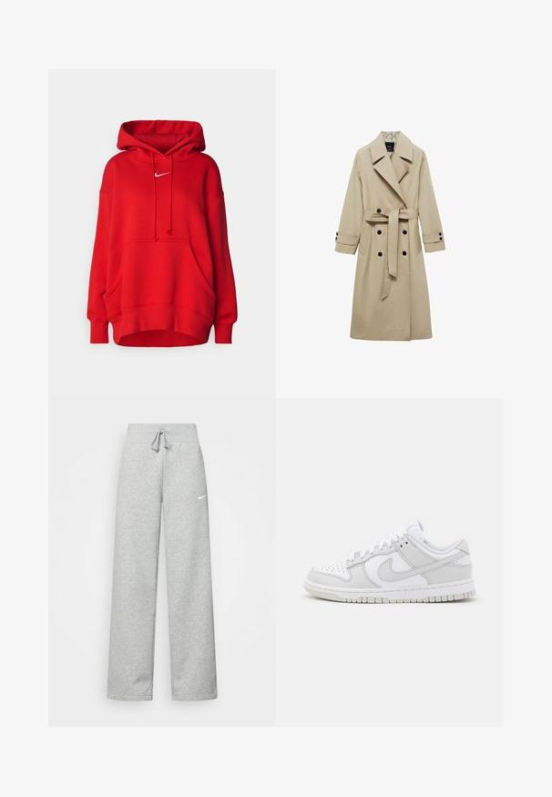 Beživi trench kaput s dvostrukim kopčanjem sprijeda, velikim reverima, remenom na struku i crnim dugmadima kao ukrasima. Dugi, ravno krojeni rukavi.; Crvena dukserica s kapuljačom, prednjim džepom, vezicama i malim bijelim Nike logom. Izrađena od mekanog, teksturiranog materijala s širokim krojem.; Sive trenirke s elastičnim pojasom, detaljem za vezanje, i malim bijelim Nike logom na lijevom bedru. Mekana tkanina, širokog kroja.; Bijele kožne tenisice s sivozlatnim naglascima, perforiranim prstom, ravnim vezicama, udobnim ovratnikom i teksturiranom gumena potplatom.