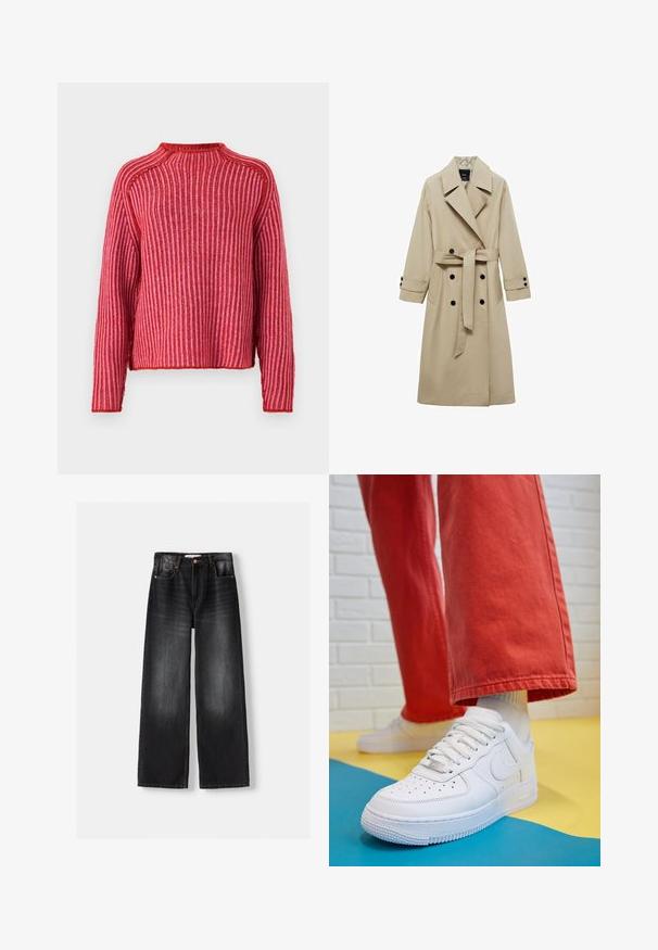 Bež plašč s dvojno zadrgo spredaj, velikimi reverji, pasom z zavezo v pasu in črnimi gumbi. Dolgi, ravno krojeni rokavi.; Rdeča pulover s vertikalnimi črtami, rebrasto teksturo, okroglim ovratnikom in dolgimi rokavi. Spodnji rob je rahlo skrajšan z robom v isti barvi.; Bershka Kavbojke na trapez - black; Beli usnjeni športni čevlji s perforiranim prstnim delom, teksturiranim podplatom in belimi vezalkami, v kombinaciji s širokimi rdečimi hlačami in modro-rumeno ozadje.