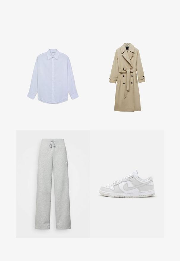 Beige trench coat with a double-breasted front, large lapels, tie belt at the waist, and black button accents. Long, straight-cut sleeves.; White button-up shirt in lightweight fabric, featuring a classic collar, long sleeves, and a curved hem. Buttons along the front.; Gray sweatpants with an elastic waistband, drawstring detail, and a small white Nike logo on the left thigh. Soft fabric, loose fitting.; White leather sneakers with grey accents, perforated toe, flat laces, cushioned collar, and a textured rubber sole.