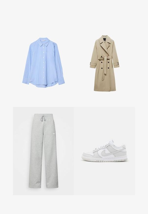 Beige Trenchcoat mit einer doppeltbreitigen Vorderseite, großen Revers, einem Bindegürtel in der Taille und schwarzen Knopfakzenten. Lange, gerade geschnittene Ärmel.; Hellblaues Langarmhemd mit weißen vertikalen Streifen, Knopfleiste, spitzem Kragen und einer einzelnen Brusttasche. Glatte Stoffstruktur.; Graue Jogginghose mit elastischem Bund, Kordelzug und kleinem weißen Nike-Logo am linken Oberschenkel. Weicher Stoff, locker sitzend.; Weiße Leder-Sneaker mit grauen Akzenten, perforierter Zehenpartie, flachen Schnürsenkeln, gepolstertem Kragen und einer strukturierten Gummi-Sohle.