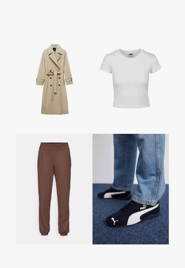 Beige trench coat with a double-breasted front, large lapels, tie belt at the waist, and black button accents. Long, straight-cut sleeves.; White cotton t-shirt with a classic crew neck, short sleeves, and a fitted shape. No patterns or accents visible.; Puma STUDIO FOUNDATIONS - Tracksuit bottoms - espresso brown; Black suede sneakers with white accents, featuring a gold logo. Worn with light blue denim jeans and set on a textured blue surface.