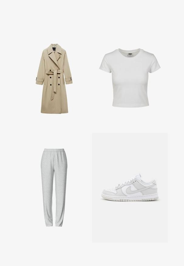 Beige trench coat with a double-breasted front, large lapels, tie belt at the waist, and black button accents. Long, straight-cut sleeves.; White cotton t-shirt with a classic crew neck, short sleeves, and a fitted shape. No patterns or accents visible.; Gray sweatpants with an elastic waistband, tapered leg design, soft texture, and no visible patterns or hardware details.; White leather sneakers with grey accents, perforated toe, flat laces, cushioned collar, and a textured rubber sole.