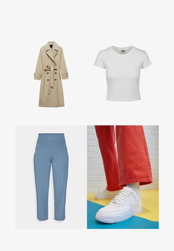 Beige trenčkot s dvouřadovým zapínáním, velkými klopami, páskem na zavázání v pase a černými knoflíky jako akcenty. Dlouhé, rovné rukávy.; Bílý bavlněný tričko s klasickým kulatým výstřihem, krátkými rukávy a přiléhavým střihem. Žádné vzory ani akcenty nejsou viditelné.; Světle modré, přiléhavé legíny s vysokým pasem, hladkou strukturou a rovným střihem. Žádné viditelné vzory ani kovové prvky.; Bílé kožené tenisky s perforovanou špičkou, texturovanou podešví a bílými tkaničkami, v kombinaci s širokými červenými kalhotami a modro-žlutým pozadím.
