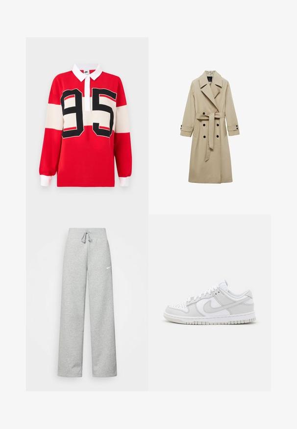 Bež plašč s dvojno zadrgo spredaj, velikimi reverji, pasom z zavezo v pasu in črnimi gumbi. Dolgi, ravno krojeni rokavi.; Rdeča polo majica z dolgimi rokavi, ki ima bel ovratnik in drzen črno-beli dizajn "95" na sprednji strani. Tkanina iz bombažne mešanice z gladkim koncem.; Sive hlače iz trenirke z elastičnim pasom, detajlom na vezanje in majhnim belim logotipom Nike na levem stegnu. Mehak material, ohlapen kroj.; Bela usnjena športna obutev z sivo-nitastimi detajli, perforiranim prstom, ravnimi vezalkami, oblazinjeno ovratnikom in teksturirano gumijasto podplatom.