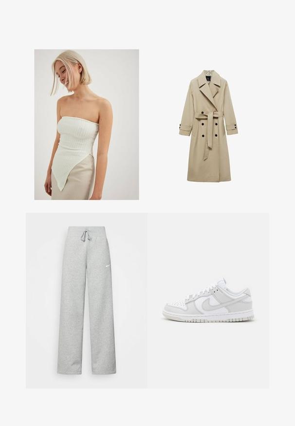 Beige trenchcoat med dobbeltknaplukning, store revers, bindebælte i taljen og sorte knapdetaljer. Lange, lige ærmer.; Hvid strapless top med tekstureret ribbing, der har en asymmetrisk kant, som strækker sig til den ene side, parret med en lys beige nederdel.; Grå sweatpants med elastisk talje, snor detaljer og et lille hvidt Nike-logo på venstre lår. Blødt stof, løs pasform.; Hvide lædersneakers med grå detaljer, perforeret tå, flade snørebånd, polstret krave og en struktureret gummisål.