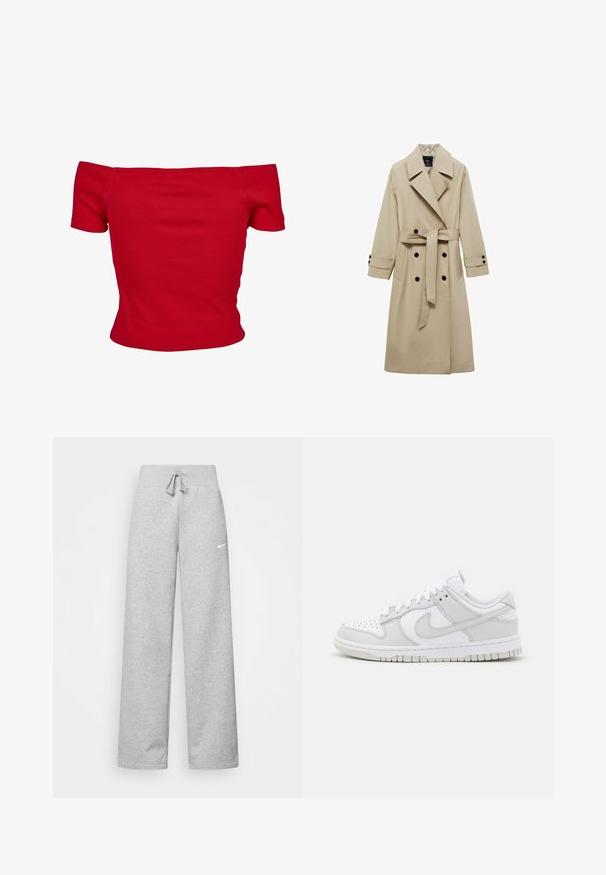 Bež plašč s dvojno zadrgo spredaj, velikimi reverji, pasom z zavezo v pasu in črnimi gumbi. Dolgi, ravno krojeni rokavi.; Rde majice brez naramnic iz rebraste tkanine, ki ima kratke rokave in oprijet kroj. Gladka tekstura, enotna barva brez vzorcev.; Sive hlače iz trenirke z elastičnim pasom, detajlom na vezanje in majhnim belim logotipom Nike na levem stegnu. Mehak material, ohlapen kroj.; Bela usnjena športna obutev z sivo-nitastimi detajli, perforiranim prstom, ravnimi vezalkami, oblazinjeno ovratnikom in teksturirano gumijasto podplatom.