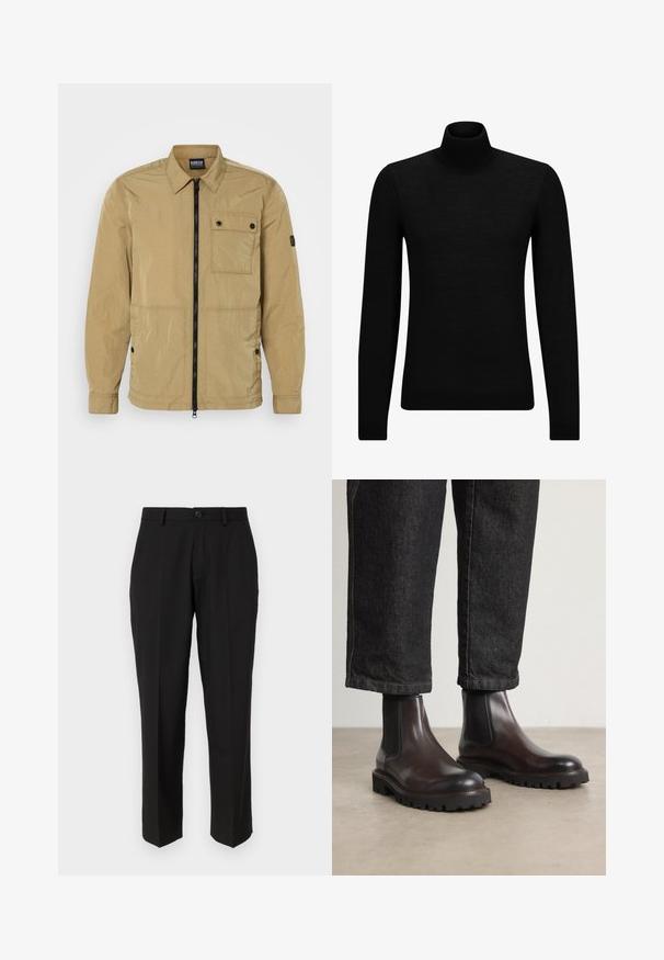 Bež, kerge jakk kortsus tekstuuriga, ees on lukuga, nööbitav rinnatasku ja küljetaskud. Omab kraega disaini.; Musthave muströid ja pehmest materjalist must turtleneck, millel on pikad varrukad ja tihe istuvus. Ribaga ääris allservas ja vöökohal. Lihtne disain.; Mustad püksid siledast kangast, sirge jala disainiga, ees olevate taskutega, ühe nööbi kinnitusega ja ilma nähtavate mustriteta.; BOSS JULYO - Klassikalised poolsaapad - dark brown