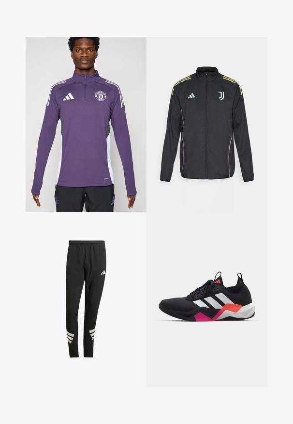 Svart träningsjacka med gula axelränder. Har en zip-fram, tvåfärgad Adidas-logotyp, Juventus-emblem och rosa sidodetaljer.; Lila träningsjacka med dragkedja vid kragen, med vita axelränder och Manchester United-logotyp. Tillverkad av mjukt, lätt material.; Svarta idrottsbyxor med elastisk midja, prydda med reflekterande vita detaljer i ett randigt mönster på underbenen. Tillverkade av ett slätt tyg.; Svart träningsskor med vita ränder, texturerad överdel och en kraftig sula med orange, rosa och vita accenter. Snörningsdesign med dragflik.