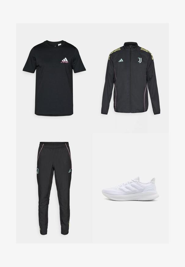Mustat urheilutakit keltaisilla olkapaitapyrstöillä. Varustettu vetoketjulla edessä, kaksivärisellä Adidas-logolla, Juventuksen emblemillä ja vaaleanpunaisilla sivutunneilla.; Musta puuvillainen t-paita lyhyillä hihoilla, jossa on valkoinen adidas-logo ja pinkki teksti vasemmassa rintataskussa. Sileä pinta, yksinkertainen muotoilu.; Mustat urheiluhousut, joissa on sileä pinta. Ominaisuuksia ovat vaaleanpunaiset ja turkoosit yksityiskohdat, joustava vyötärö ja logotiedot sivuilla.; Valkoiset urheilukengät, joissa on teksturoitu verkkomateriaali ylhäällä, tukevat pehmustetut pohjat ja kolme raitaa sivussa.