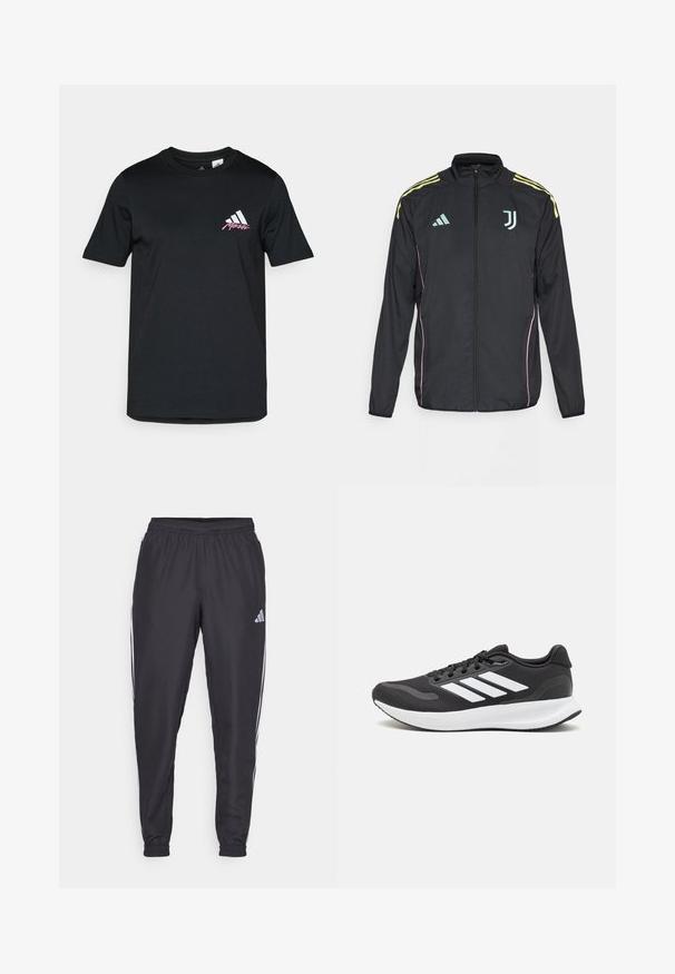 Schwarze Trainingsjacke mit gelben Schulterstreifen. Verfügt über einen Reißverschluss, ein zweifarbigen Adidas-Logo, das Juventus-Wappen und pinke Seitenelemente.; Schwarzes Baumwoll-T-Shirt mit kurzen Ärmeln, das ein weißes adidas-Logo und pinken Text im linken Brustbereich zeigt. Glatte Textur, simples Design.; Schwarze Sporthosen mit elastischem Bund, mit weißen Streifen an den Seiten und einem kleinen Logo an der Hüfte. Glatte Textur.; Schwarzer Sportschuh mit atmungsaktivem Mesh-Obermaterial, weißen Akzenten und einer gepolsterten Sohle. Mit drei Streifen-Logo an der Seite.