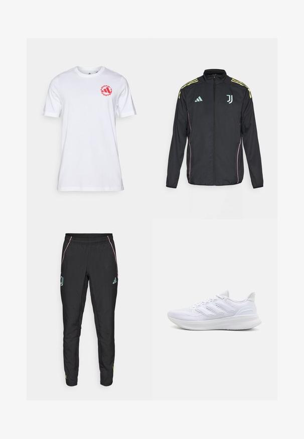 Schwarze Trainingsjacke mit gelben Schulterstreifen. Verfügt über einen Reißverschluss, ein zweifarbigen Adidas-Logo, das Juventus-Wappen und pinke Seitenelemente.; Weißes Baumwoll-T-Shirt mit rundem Ausschnitt und kurzen Ärmeln. Rotes rundes Logo mit dem Text "ADIDAS FOOTBALL" auf der Brust.; Schwarze Sporthosen mit glatter Textur. Mit pinken und türkisfarbenen Akzenten, einem elastischen Bund und Logodetails an den Seiten.; Weiße Sportschuhe mit einem strukturierten Mesh-Obermaterial, einer stützenden gepolsterten Sohle und einem drei Streifen-Design an der Seite.