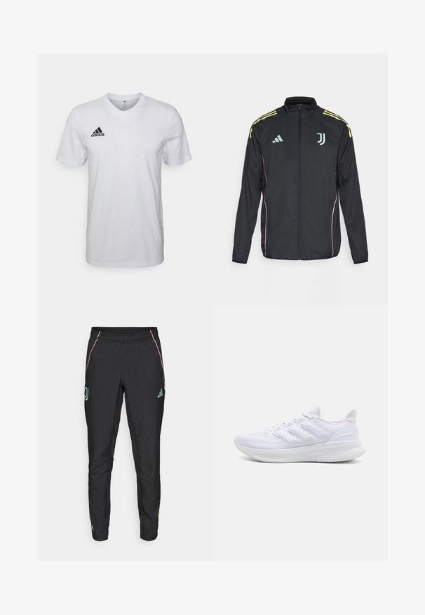 Schwarze Trainingsjacke mit gelben Schulterstreifen. Verfügt über einen Reißverschluss, ein zweifarbigen Adidas-Logo, das Juventus-Wappen und pinke Seitenelemente.; Weißes Baumwoll-T-Shirt mit V-Ausschnitt, kurzen Ärmeln und einem schwarzen Adidas-Logo auf der linken Brust. Einfaches und leichtes Design.; Schwarze Sporthosen mit glatter Textur. Mit pinken und türkisfarbenen Akzenten, einem elastischen Bund und Logodetails an den Seiten.; Weiße Sportschuhe mit einem strukturierten Mesh-Obermaterial, einer stützenden gepolsterten Sohle und einem drei Streifen-Design an der Seite.