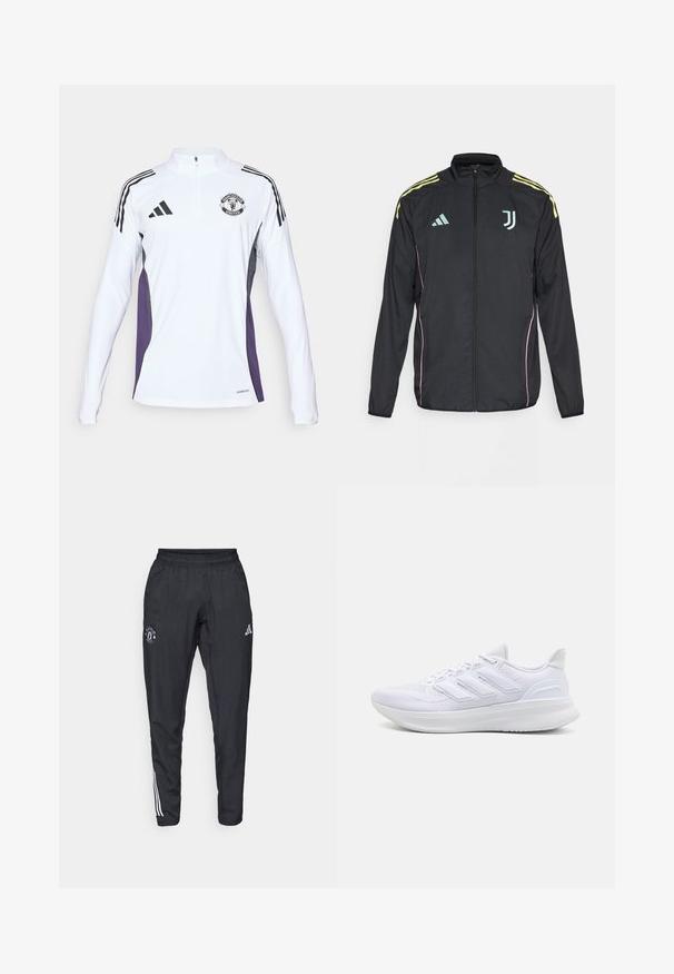 Chaqueta deportiva negra con rayas amarillas en los hombros. Presenta un cierre con cremallera, un logo de Adidas bicolor, el emblema de la Juventus y acentos rosas en los laterales.; Camisa de entrenamiento blanca de manga larga con media cremallera, rayas negras, paneles laterales morados y un logo del Manchester United en el pecho.; Pantalones deportivos negros con cinturilla elástica, logo bordado en el muslo y rayas blancas que recorren los lados.; Zapatillas deportivas blancas con una parte superior de malla texturizada, suela acolchada y soporte, y un diseño de tres rayas en el lateral.