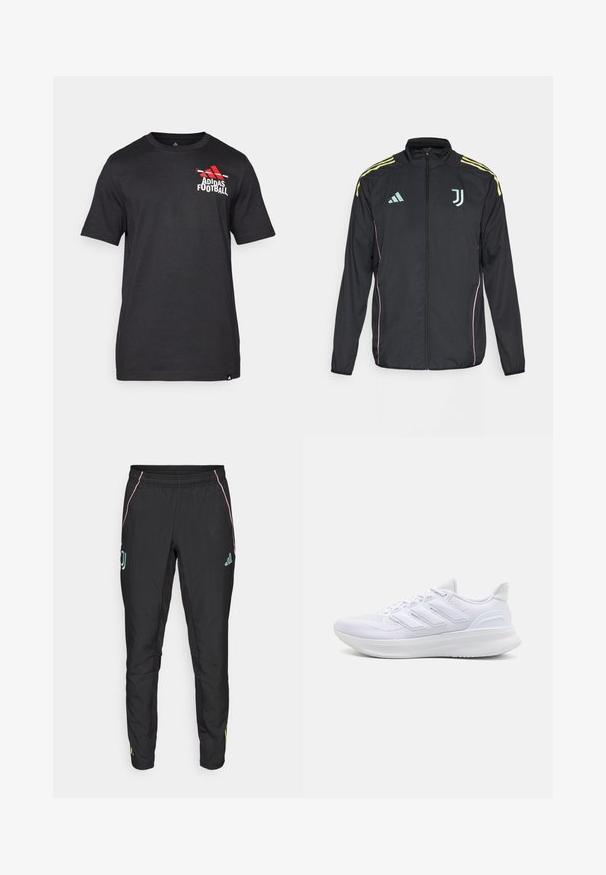 Schwarze Trainingsjacke mit gelben Schulterstreifen. Verfügt über einen Reißverschluss, ein zweifarbigen Adidas-Logo, das Juventus-Wappen und pinke Seitenelemente.; Schwarzes kurzärmeliges T-Shirt aus Baumwolle mit rotem Adidas-Logo und dem Text "Football" auf der linken Brustseite. Glatte Textur.; Schwarze Sporthosen mit glatter Textur. Mit pinken und türkisfarbenen Akzenten, einem elastischen Bund und Logodetails an den Seiten.; Weiße Sportschuhe mit einem strukturierten Mesh-Obermaterial, einer stützenden gepolsterten Sohle und einem drei Streifen-Design an der Seite.