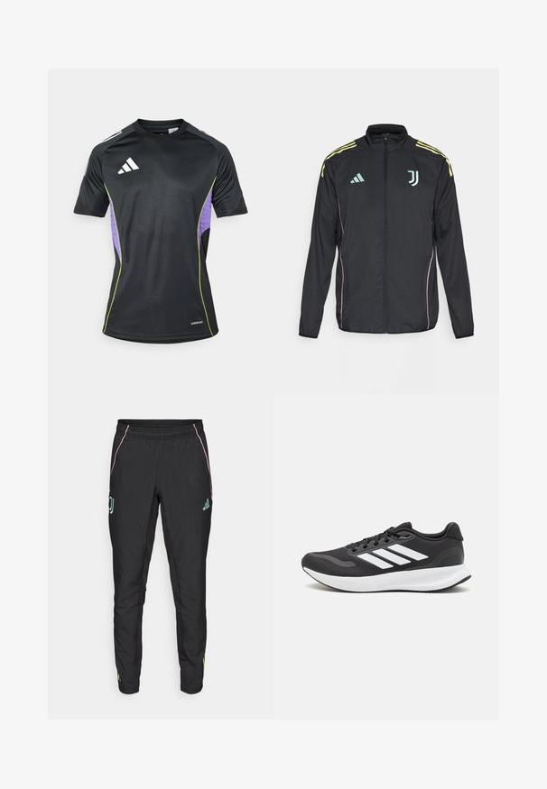 Casaco desportivo preto com riscas amarelas nos ombros. Apresenta fecho zip, logotipo Adidas em duas tonalidades, emblema da Juventus e acentos laterais em rosa.; Camisola atlética preta com mangas curtas, decote redondo e painéis laterais roxos com detalhes verdes. Feita de material que absorve a humidade.; Calças atléticas pretas com uma textura suave. Apresentam detalhes em rosa e turquesa, cintura elástica e logótipos nas laterais.; Shoe de atletismo preto com parte superior em malha respirável, detalhes brancos e sola almofadada. Apresenta o logotipo das três riscas na lateral.
