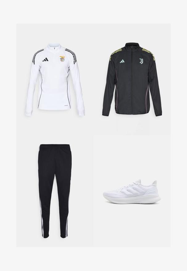 Schwarze Trainingsjacke mit gelben Schulterstreifen. Verfügt über einen Reißverschluss, ein zweifarbigen Adidas-Logo, das Juventus-Wappen und pinke Seitenelemente.; Weißes Sportoberteil mit langen Ärmeln, schwarzen Streifen auf den Schultern, halbem Reißverschluss auf der Vorderseite, Adidas-Logo und Wappen des Fußballvereins Benfica auf der Brust.; Schwarze Sporthosen mit lockerer Passform, versehen mit weißen Seitenstreifen, einem Kordelzugbund und zwei Seitentaschen. Hergestellt aus weichem Stoff.; Weiße Sportschuhe mit einem strukturierten Mesh-Obermaterial, einer stützenden gepolsterten Sohle und einem drei Streifen-Design an der Seite.
