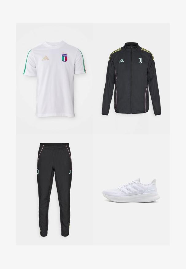 Giacca a track nera con strisce gialle sulle spalle. Presenta una zip frontale, logo Adidas bicolore, emblema della Juventus e dettagli in rosa sui lati.; Maglia da calcio bianca con strisce verdi e rosse sulle spalle, caratterizzata da uno stemma Italia multicolore e dal logo adidas in oro. Maniche corte, colletto a girocollo.; Pantaloni sportivi neri con una texture liscia. Presentano dettagli rosa e turchese, una vita elastica e dettagli del logo sui lati.; Scarpe sportive bianche con tomaia in mesh texturato, suola ammortizzata e supportiva, e design a tre strisce sul lato.