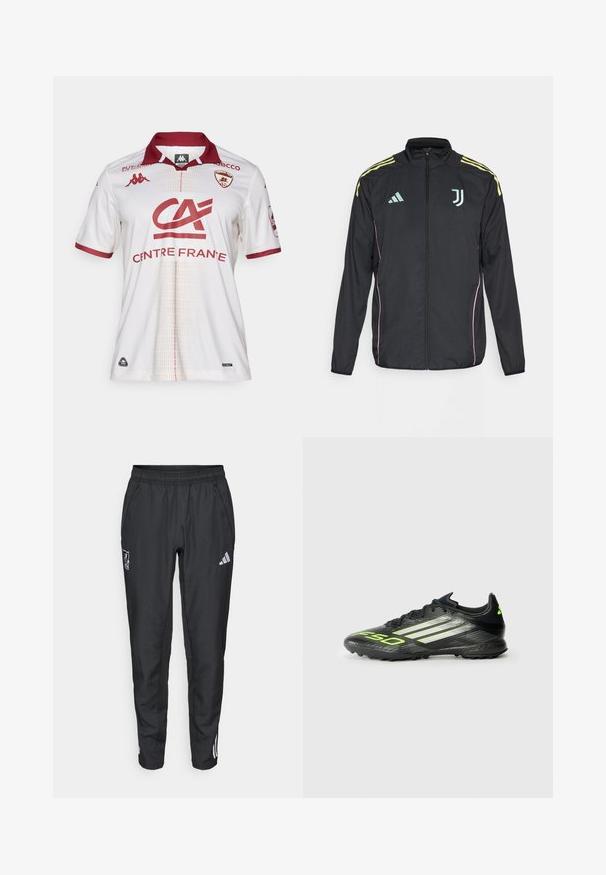 Črna tekaška jakna z rumenimi ramenskimi črtami. Ima zadrgo spredaj, dvotojno Adidasovo logo, grb Juventusa in roza stranske poudarke.; Bela nogometna majica z bordo akcenti, ki ima ovratnik, logotipe ekipe in teksturiran vzorec spredaj. Material se zdi zračen.; adidas Performance LIVERPOOL FC 25/26 EUROPEAN PRESENTATION PANTS - Klubska moštva - black; Črne nogometne čevlje z teksturirano površino, ki imajo svetlo zeleno okrasje in tri bele črte. Namenjeni so za umetno travo in imajo gumijast podplat.