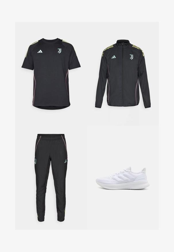 Giacca a track nera con strisce gialle sulle spalle. Presenta una zip frontale, logo Adidas bicolore, emblema della Juventus e dettagli in rosa sui lati.; Maglietta sportiva nera a maniche corte con dettagli in azzurro e giallo, colletto a giro e logo sul petto. Tessuto dalla consistenza liscia.; Pantaloni sportivi neri con una texture liscia. Presentano dettagli rosa e turchese, una vita elastica e dettagli del logo sui lati.; Scarpe sportive bianche con tomaia in mesh texturato, suola ammortizzata e supportiva, e design a tre strisce sul lato.