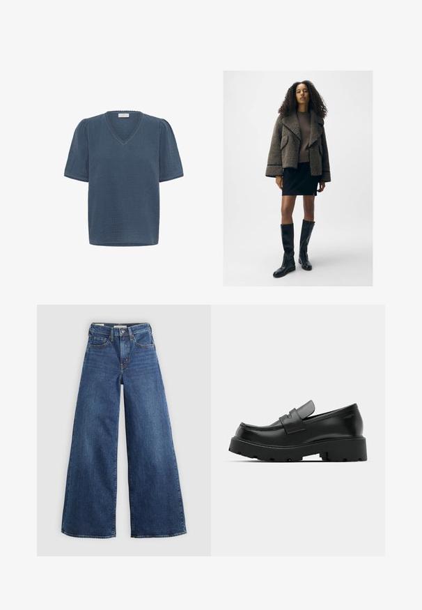 Textúrovaná hnedá kožúšková bunda so širokými klopami, prispôsobený hnedý sveter, čierna mini sukňa a čierne kožené čižmy po kolená.; Kaffe MAI - Tričko s potlačou - ensign blue; Dlhé modré džínsové nohavice s piatimi vreckami, zapínaním na gombík a kontrastným prešívaním, s jemným a textúrovaným povrchom.; Čierne kožené mokasíny s hrubou štruktúrovanou podrážkou, so strapcom cez priehlavok a hladkým, lesklým povrchom.