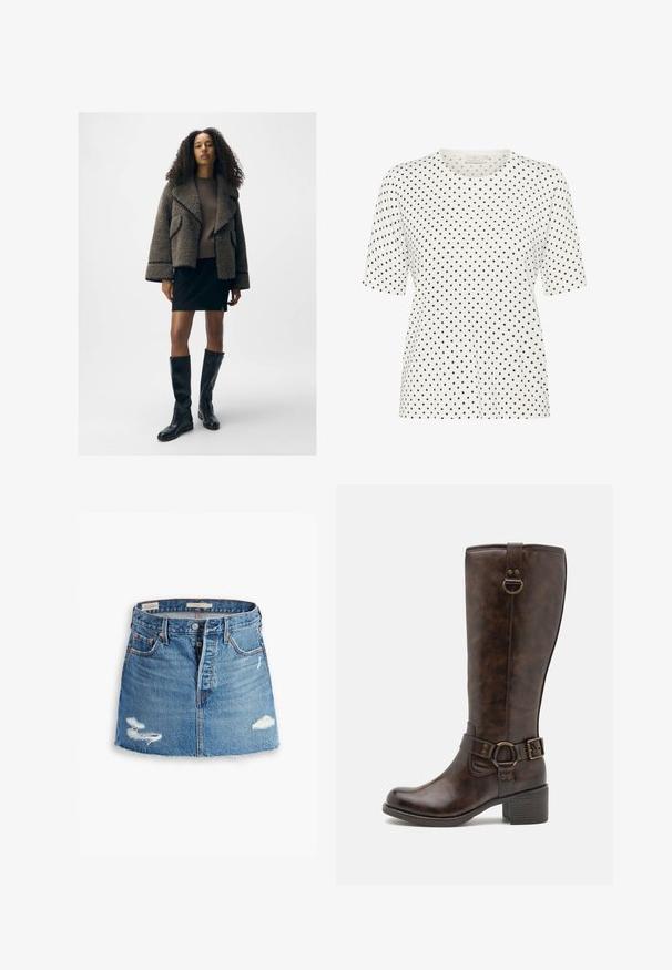 Textūruotas rudas avikailio švarkas su plačiais atlapais, prigludęs rudų megztinis, juoda mini sijonas ir juodi odiniai ilgaauliai batai.; Balta trumpa rankove t-shirt marškinėliai su apvaliu iškirpimu, puoštas mažų juodų taškelių raštu. Minkšta medžiaga su laisvu siluetu.; Šviesiai mėlyna džinsinė mini sijonas. Savybės: nusidėvėjęs ornamentas, du nusidėvėję pleistrai, priekinis mygtukų užsegimas ir penkios kišenės. Klasikinis kirpimas.; Rudų odinių iki kelių botų su apvaliu pirštu, dekoratyvine dirželiu, apvaliais aksesuarais ir žemu blokiniu kulnu. Lygus paviršius visame bote.