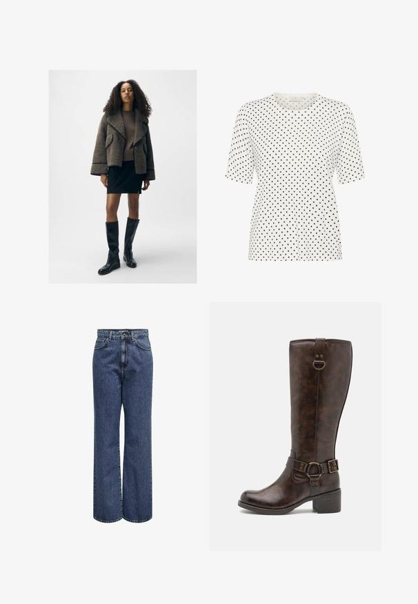 Struktuurne pruun shearling jakk laia kraega, sobitatud pruun sviiter, must mini-seelik ja põlvikõrgused mustad nahast saapad.; Valge lühikeste varrukatega T-särk ümmarguse kaelusega, millel on kogu pinnal väikesed mustad täpid. Pehme kangas ja lõtv lõige.; Laiad sinised denim-püksid, millel on nööp ja lukuga sulgemine, esikotid ja klassikaline viie tasku disain. Tugev kangas, millel on sile viimistlus.; Pruun nahast põlvekõrgused saapad ümmarguse varbaga, dekoratiivse rihmaga, ringikujuliste metalldetailidega ja madala plokknõelaga. Ühtlane sile tekstuur.