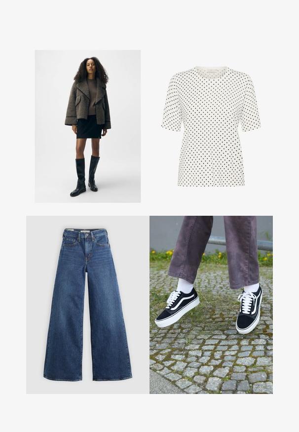 Rakstainais brūnais ādas mētelis ar platām apkaklēm, pieguļošs brūns džemperis, melna mini svārki un melni zamša zābaki līdz ceļgaliem.; Balta īsām piedurknēm T-kreklā ar apaļu kakla izgriezumu, ar mazu melnu punktu rakstu visā virsmā. Mīksts audums ar brīvu piegriezumu.; Platas kājas zilo džinsu bikses ar piecām kabatām, pogu aizdari un kontrastējošu šuvumu, ar mīkstu un teksturētu apdari.; Melni zamšādas sporta apavi ar baltiem akcentiem, ar apaļu purngalu, biezu baltu zoli un klasisku šņorēšanas dizainu, uzvilkti ar baltām zeķēm un violetām biksēm.