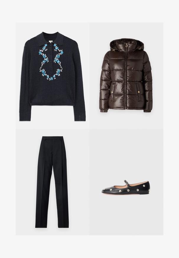 MICHAEL Michael Kors ULTRA LIGHTWEIGHT PUFFER - Žieminė striukė - chocolate; Jūros mėlynos spalvos dryžuota ilgomis rankovėmis megztinis su polo tipo apykakle, priekyje mygtukai ir mėlynai baltos gėlės siuvinėjimas ant krūtinės.; Juodos kelnės iš lygaus audinio, pasižyminčios aukštu liemeniu, plačiomis kojomis, priekinėmis klostėmis ir klasikiais diržo kilpomis. Šoninių kišenių nematyti.; Juodų odinių Mary Jane plokščių batų su apvaliu pirštu, papuoštų sidabriniais apvaliais nagais ir reguliuojamu dirželiu su sagtimi.