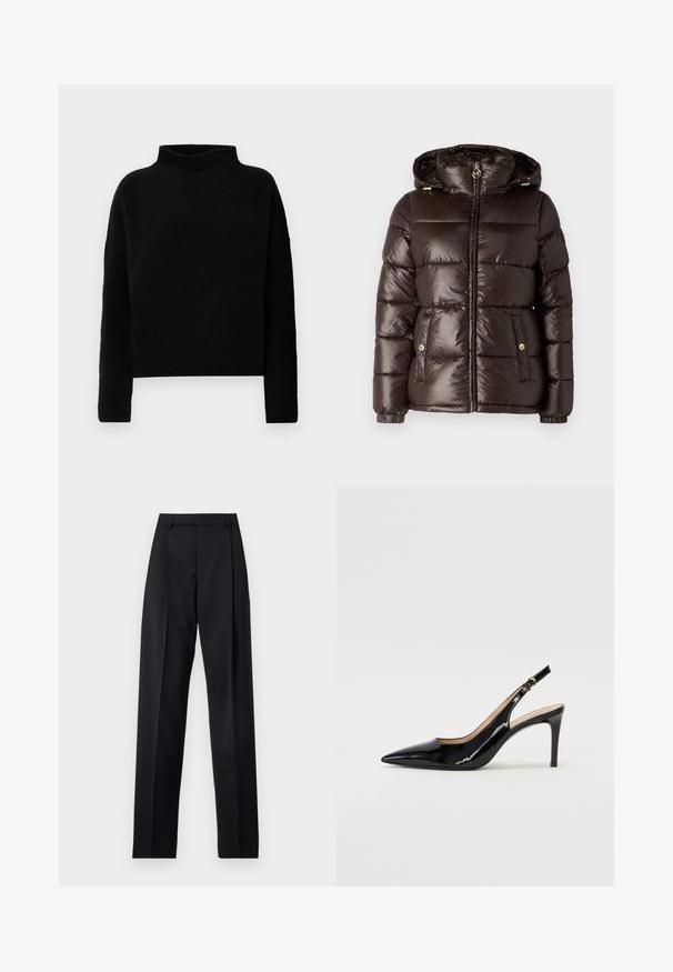 MICHAEL Michael Kors ULTRA LIGHTWEIGHT PUFFER - Téli dzseki - chocolate; Fekete garbó pulóver, puha anyagból készült, hosszú ujjú, laza fit, minimális varrásokkal és látható díszítések nélkül.; Fekete nadrág sima anyagból, magas derékkal, széles lábakkal, elülső redőkkel és klasszikus övhurkokkal. Oldalzsebek nem láthatók.; Fekete lakk bőr kötött magassarkú cipő, hegyes orral és karcsú sarokkal, finom kivágásos dizájnnal. Az övön arany csatt található.