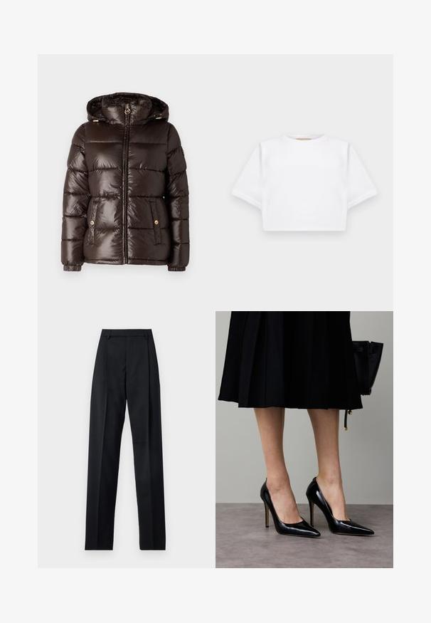 MICHAEL Michael Kors ULTRA LIGHTWEIGHT PUFFER - Veste d'hiver - chocolate; T-shirt blanc court en tissu doux, avec des manches courtes, un col rond et des détails en côtes sur l'ourlet. Design simple et sans embellissement.; Pantalon noir en tissu lisse avec taille haute, jambes larges, plis à l'avant et passants de ceinture classiques. Pas de poches latérales visibles.; Escarpins noirs en cuir verni à talons hauts avec un bout pointu et un décolleté bas, présentant une silhouette élégante et une texture brillante.