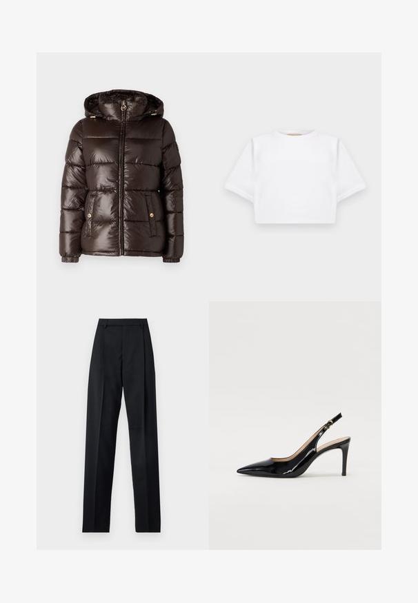 MICHAEL Michael Kors ULTRA LIGHTWEIGHT PUFFER - Winterjas - chocolate; Gemiddelde witte T-shirt gemaakt van zachte stof, met korte mouwen, een ronde halslijn en geribbelde zoomdetails. Eenvoudig en ongecompliceerd ontwerp.; Zwarte broek gemaakt van gladde stof met een hoge taille, wijde benen, voorplooien en klassieke ceintuurlussen. Geen zijzakken zichtbaar.; Zwarte gepatineerde leren slingback pump met een puntige neus, slanke hak en een subtiel uitgesneden ontwerp. Bevat een gouden gesp op de band.